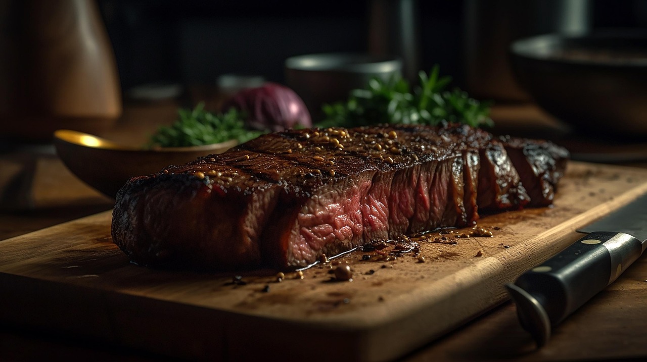 Pièce de bœuf grillée et tranchée, cuisson saignante, sur une planche en bois